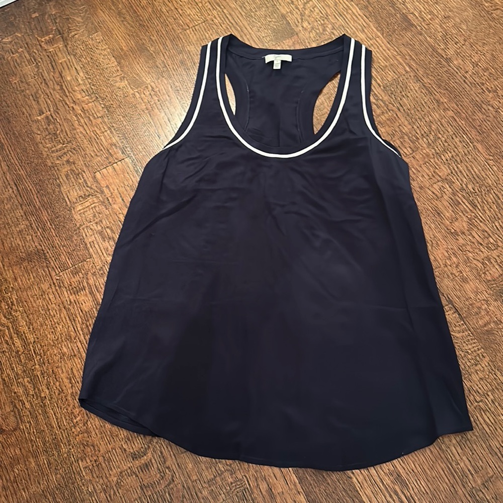 Joie navy with cream trim sleeveless 100% silk top; size small